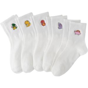 imageSHENHE Womens 5 Pairs Graphic Letter Print Athletic Running Mid Calf Crew SocksDinosaur Embroidery White