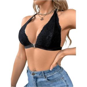 imageSHENHE Womens Halter Neck Lace Plunge Bralette Front Closure Unpadded Wireless BraBlack