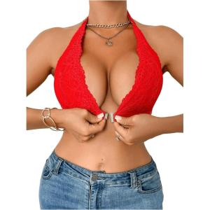 imageSHENHE Womens Halter Neck Lace Plunge Bralette Front Closure Unpadded Wireless BraRed