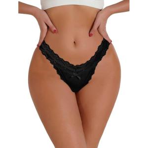 imageSHENHE Womens Lace Low Rise Scallop Trim Ribbed T Back Thong Underwear PantiesBlack
