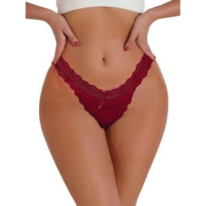 imageSHENHE Womens Lace Low Rise Scallop Trim Ribbed T Back Thong Underwear PantiesBurgundy