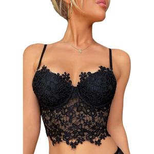 imageSHENHE Womens Lace Mesh Underwire Full Coverage Longline Bras Cami Tank Crop TopsBlack