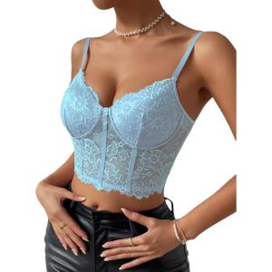 imageSHENHE Womens Lace Mesh Underwire Full Coverage Longline Bras Cami Tank Crop TopsBlue
