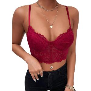 imageSHENHE Womens Lace Mesh Underwire Full Coverage Longline Bras Cami Tank Crop TopsBurgundy