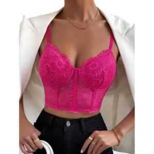 imageSHENHE Womens Lace Mesh Underwire Full Coverage Longline Bras Cami Tank Crop TopsHot Pink