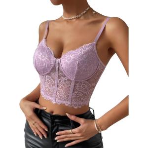 imageSHENHE Womens Lace Mesh Underwire Full Coverage Longline Bras Cami Tank Crop TopsLilac Purple