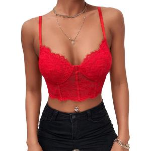 imageSHENHE Womens Lace Mesh Underwire Full Coverage Longline Bras Cami Tank Crop TopsRed