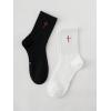 imageSHENHE Mens 2 Pairs Cross Print Embroidered Geo Crew Socks Knit Soft Daily SocksWhite and Black