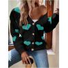 imageSHENHE Womens Button Down Cardigan Cute Heart Print V Neck Soft Cardigan Sweater CoatGreen Heart Black