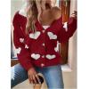 imageSHENHE Womens Button Down Cardigan Cute Heart Print V Neck Soft Cardigan Sweater CoatRed