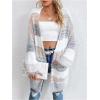 imageSHENHE Womens Striped Color Block Open Front Fuzzy Cardigan Sweater Coat with PocketsGrey White Multi