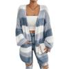 imageSHENHE Womens Striped Color Block Open Front Fuzzy Cardigan Sweater Coat with PocketsWhite and Blue