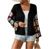 imageSHENHE Womens Floral Crochet Bell Sleeve Open Front Loose Boho Cardigan KnitwearBlack