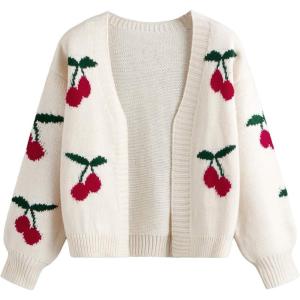 imageSHENHE Girls V Neck Cherry Print Cute Open Front Soft Drop Shoulder Cardigan SweaterBeige