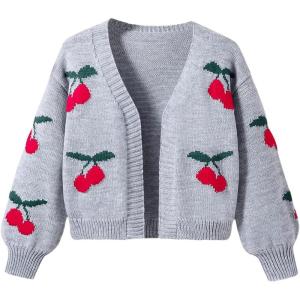 imageSHENHE Girls V Neck Cherry Print Cute Open Front Soft Drop Shoulder Cardigan SweaterGrey