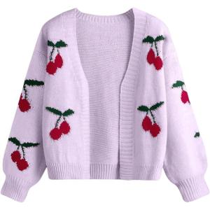 imageSHENHE Girls V Neck Cherry Print Cute Open Front Soft Drop Shoulder Cardigan SweaterLilac Purple