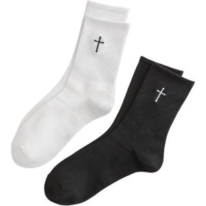 imageSHENHE Mens 2 Pairs Cross Print Embroidered Geo Crew Socks Knit Soft Daily SocksBlack and White