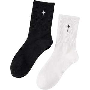 imageSHENHE Mens 2 Pairs Cross Print Embroidered Geo Crew Socks Knit Soft Daily SocksStar Black White