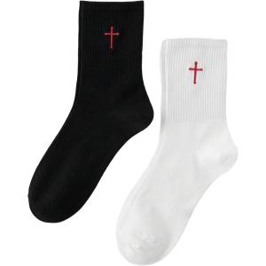imageSHENHE Mens 2 Pairs Cross Print Embroidered Geo Crew Socks Knit Soft Daily SocksWhite and Black
