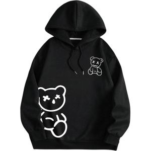 imageSHENHE Mens Loose Fit Bear Embroidery Long Sleeve Thermal Hooded Sweatshirt Hoodie TopsBlack