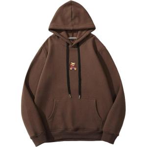 imageSHENHE Mens Loose Fit Bear Embroidery Long Sleeve Thermal Hooded Sweatshirt Hoodie TopsCoffee Brown