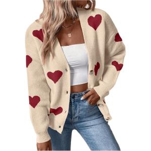 imageSHENHE Womens Button Down Cardigan Cute Heart Print V Neck Soft Cardigan Sweater CoatApricot