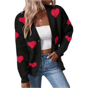 imageSHENHE Womens Button Down Cardigan Cute Heart Print V Neck Soft Cardigan Sweater CoatBlack