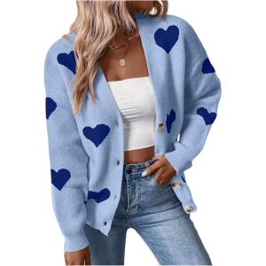 imageSHENHE Womens Button Down Cardigan Cute Heart Print V Neck Soft Cardigan Sweater CoatBlue