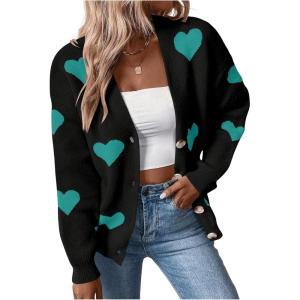 imageSHENHE Womens Button Down Cardigan Cute Heart Print V Neck Soft Cardigan Sweater CoatGreen Heart Black