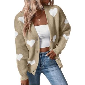 imageSHENHE Womens Button Down Cardigan Cute Heart Print V Neck Soft Cardigan Sweater CoatKhaki