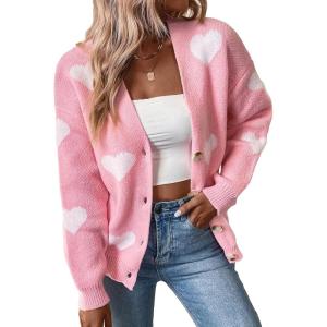imageSHENHE Womens Button Down Cardigan Cute Heart Print V Neck Soft Cardigan Sweater CoatLight Pink