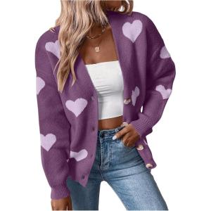 imageSHENHE Womens Button Down Cardigan Cute Heart Print V Neck Soft Cardigan Sweater CoatPurple