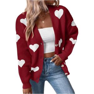 imageSHENHE Womens Button Down Cardigan Cute Heart Print V Neck Soft Cardigan Sweater CoatRed