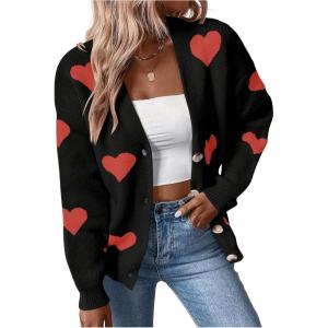 imageSHENHE Womens Button Down Cardigan Cute Heart Print V Neck Soft Cardigan Sweater CoatRed Heart Black