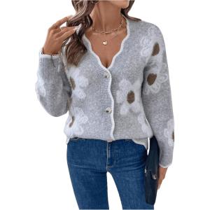 imageSHENHE Womens Button Down Floral Cardigan Scalloped V Neck Flower Sweater CardigansGrey