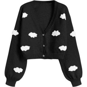 imageSHENHE Womens Cloud Print Button Down Sweaters V Neck Long Sleeve Crop Cardigan TopBlack