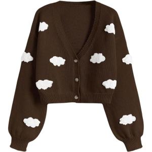 imageSHENHE Womens Cloud Print Button Down Sweaters V Neck Long Sleeve Crop Cardigan TopBrown