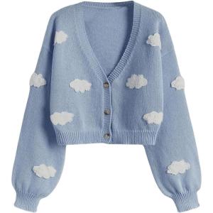 imageSHENHE Womens Cloud Print Button Down Sweaters V Neck Long Sleeve Crop Cardigan TopLight Blue