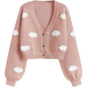 imageSHENHE Womens Cloud Print Button Down Sweaters V Neck Long Sleeve Crop Cardigan TopPink
