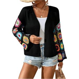 imageSHENHE Womens Floral Crochet Bell Sleeve Open Front Loose Boho Cardigan KnitwearBlack