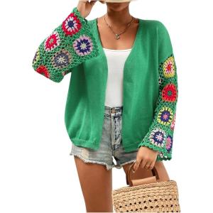 imageSHENHE Womens Floral Crochet Bell Sleeve Open Front Loose Boho Cardigan KnitwearGreen