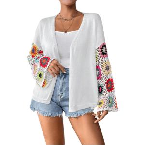 imageSHENHE Womens Floral Crochet Bell Sleeve Open Front Loose Boho Cardigan KnitwearWhite