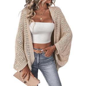 imageSHENHE Womens Open Front Loose Hollow Out Casual Dolman Sleeve Asymmetrical CardiganKhaki