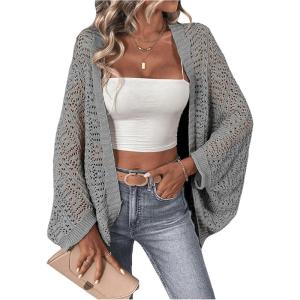imageSHENHE Womens Open Front Loose Hollow Out Casual Dolman Sleeve Asymmetrical CardiganLight Grey