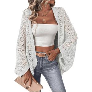 imageSHENHE Womens Open Front Loose Hollow Out Casual Dolman Sleeve Asymmetrical CardiganWhite
