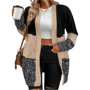 imageSHENHE Womens Plus Size Color Block Knit Cardigan Open Front Drop Shoulder Sweater Outerwear