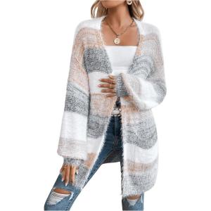 imageSHENHE Womens Striped Color Block Open Front Fuzzy Cardigan Sweater Coat with PocketsGrey White Multi
