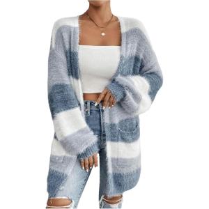 imageSHENHE Womens Striped Color Block Open Front Fuzzy Cardigan Sweater Coat with PocketsWhite and Blue