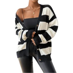 imageSHENHE Womens Striped V Neck Button Down Knit Cardigans Color Block Vintage Sweater with PocketBlack and White