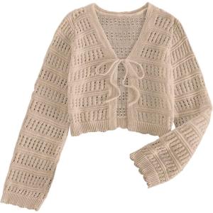 imageSHENHE Womens Tie Front Hollow Out Cover Up Summer Boho Knit Cardigan Crop TopsApricot